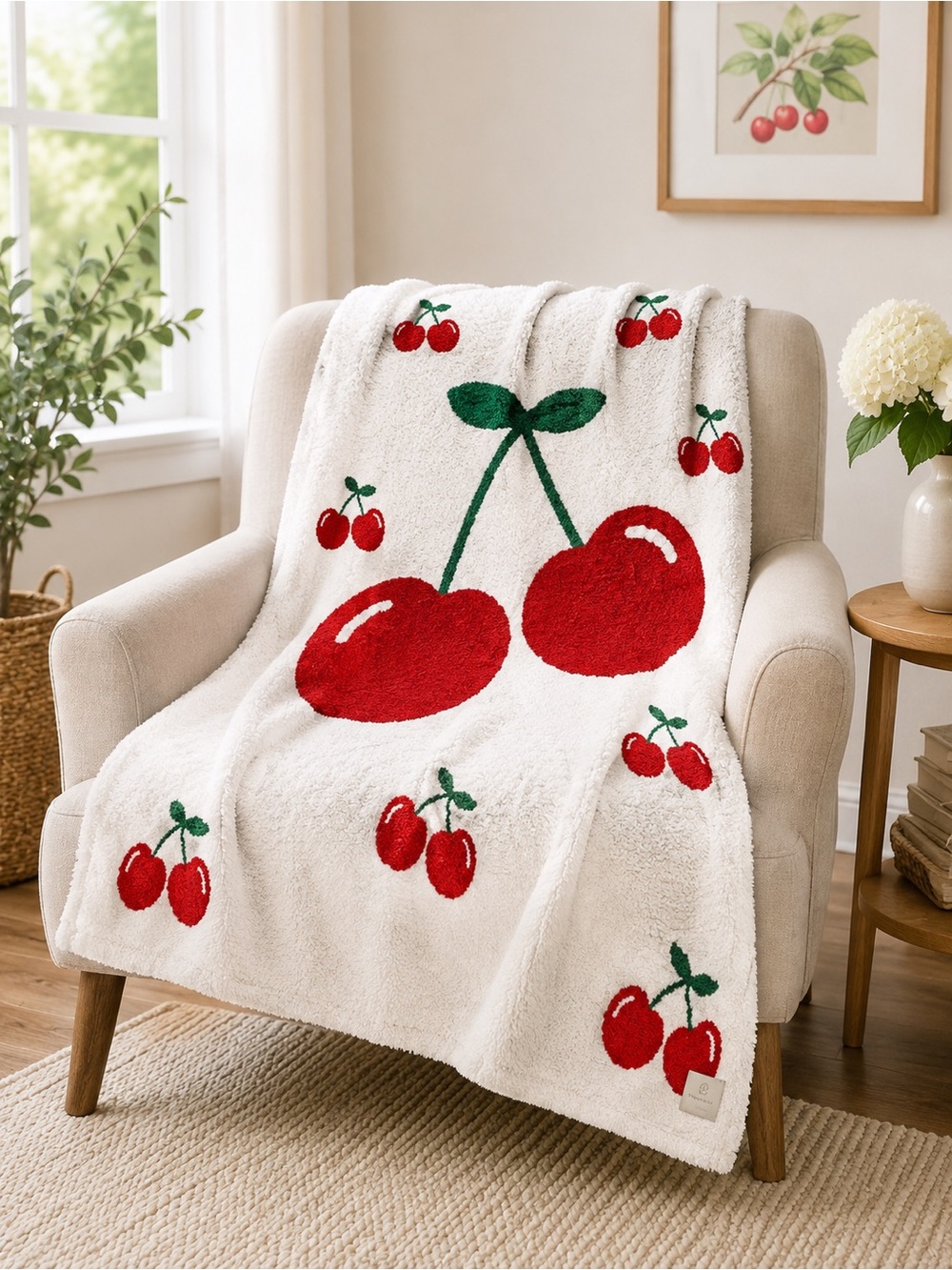 NWT Comfy Luxe Cozy Cherry Sherpa Throw Blanket - White/Red
